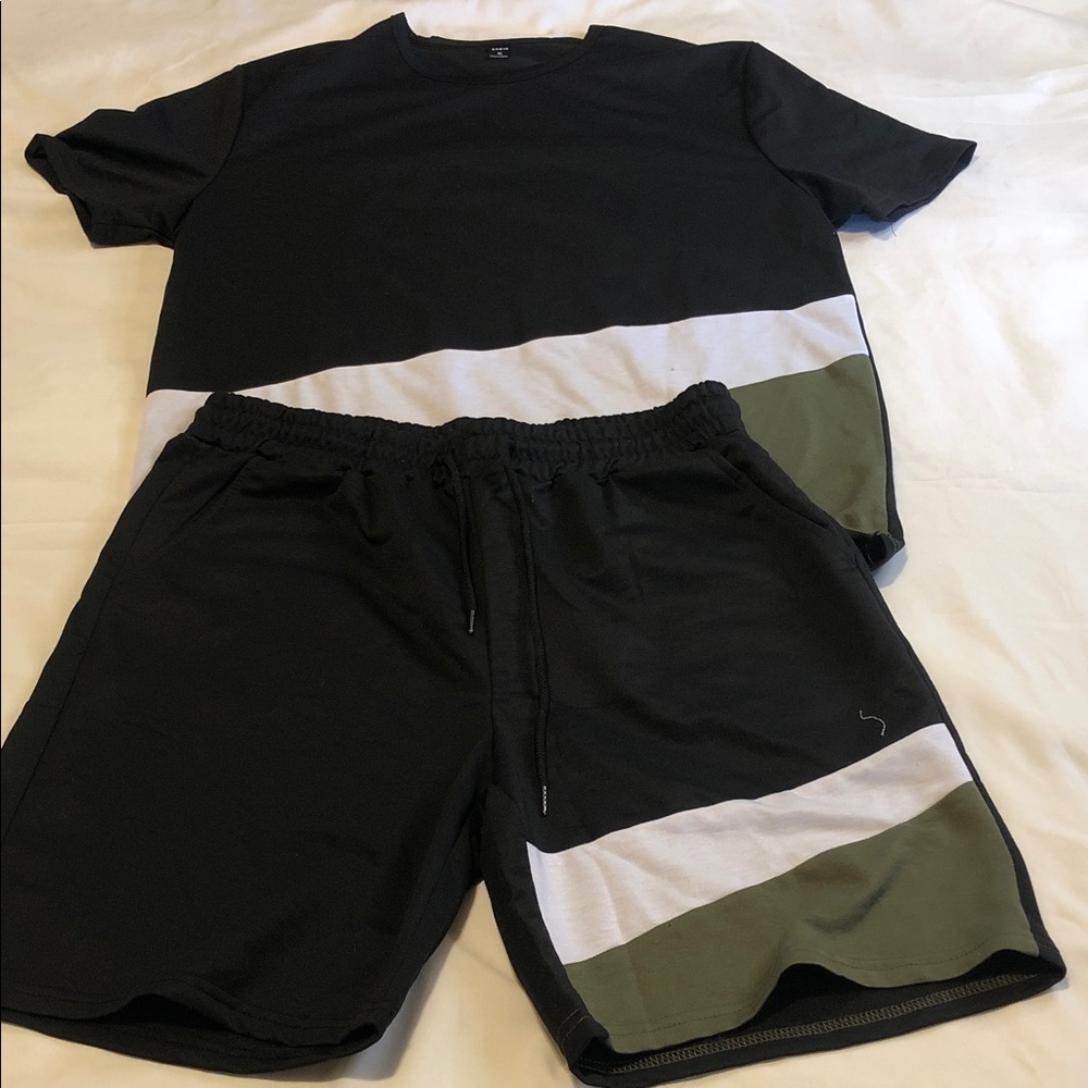 SHEIN Black Olive and White Men's Athletic Set. T-Shirts & Shorts